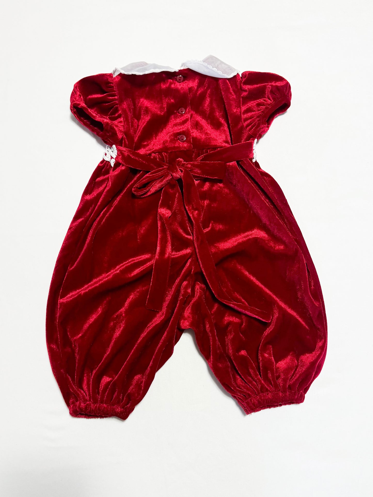 Vintage/Y2K Rare Editions Velour Embroidered Lace Rosette Peter Pan Collar Bubble Romper 12 months
