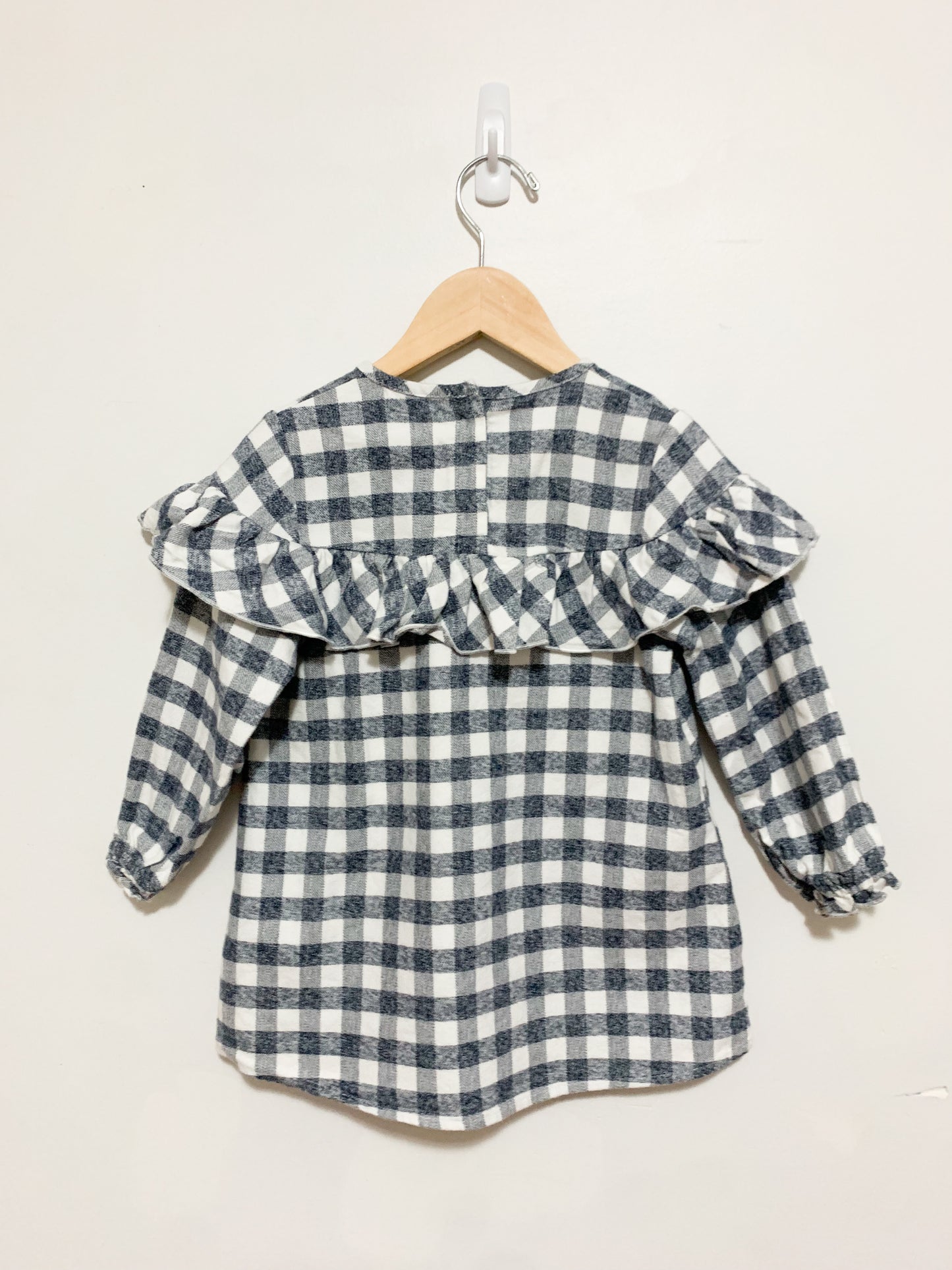 Greige Check Flannel Ruffle Dress 2 years