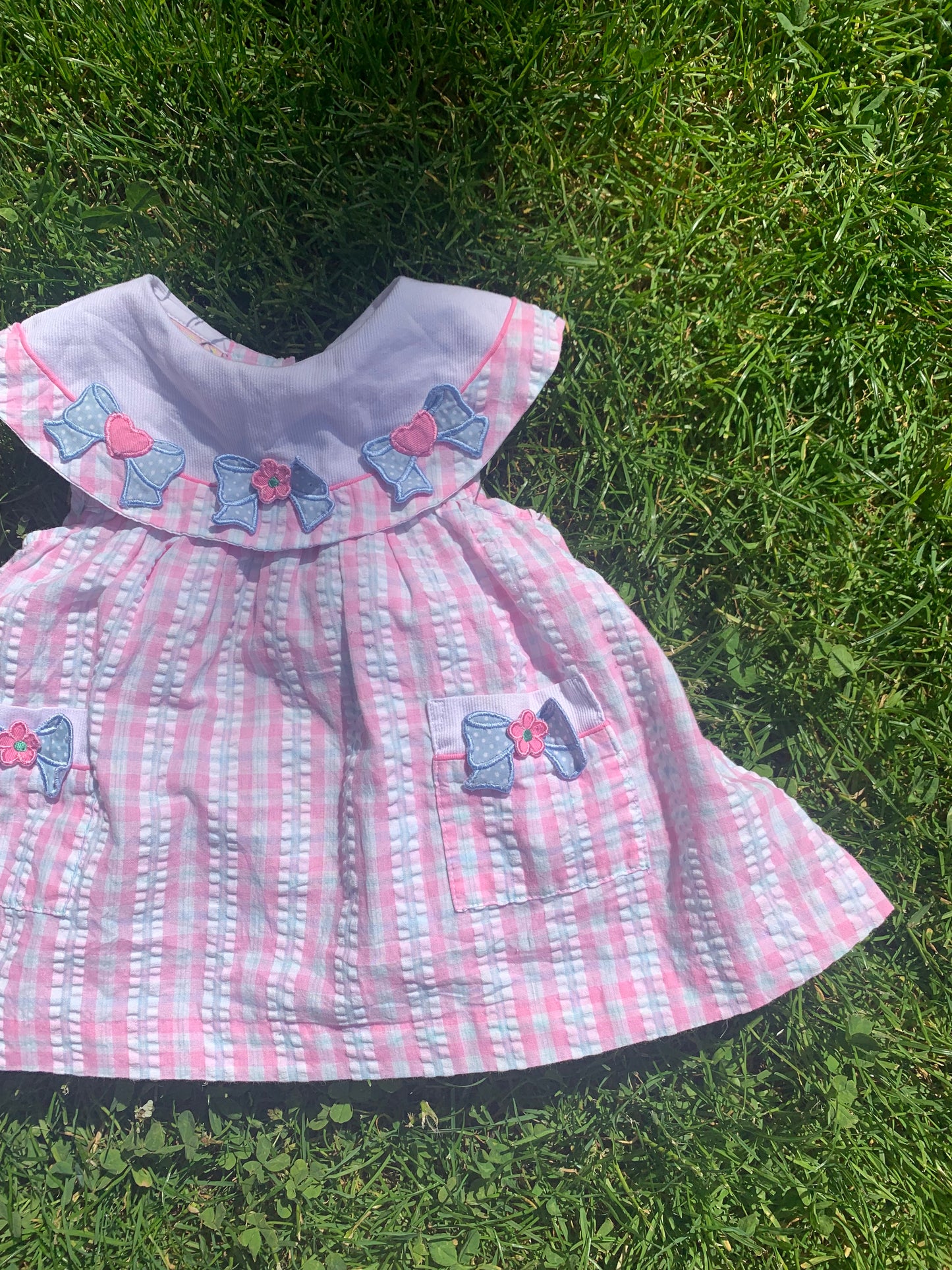 Vintage Samara Seersucker Plaid Dress with Bow Appliqués 12 months