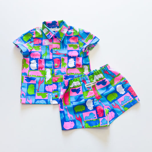Upcycled Neon Animal Zoo Shirt and Short Set 3-4 years