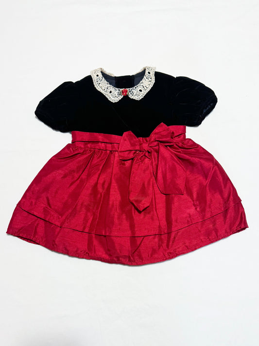 Vintage Rose Cottage Velvet + Taffeta Embroidered Lace Collar Puffed Sleeve Dress 18 months