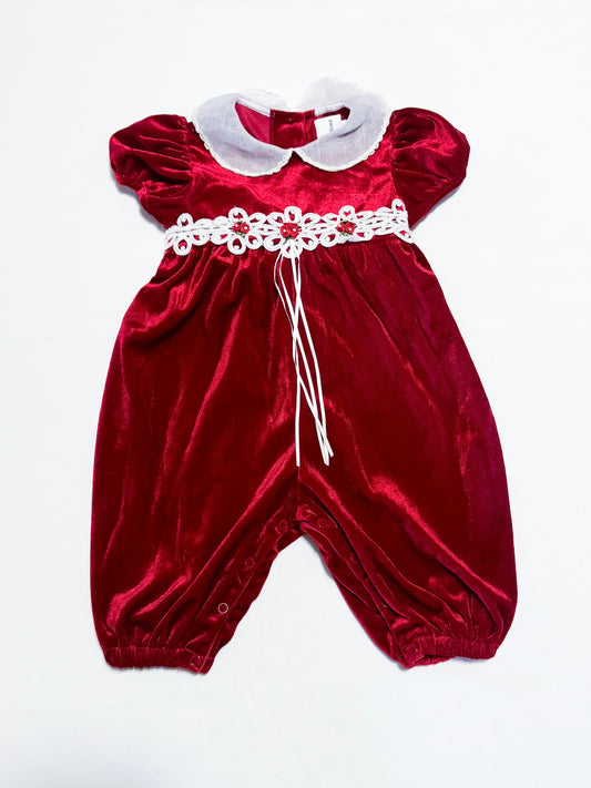 Vintage/Y2K Rare Editions Velour Embroidered Lace Rosette Peter Pan Collar Bubble Romper 12 months