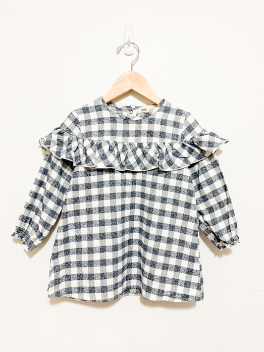 Greige Check Flannel Ruffle Dress 2 years