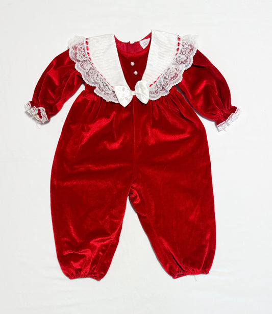 Vintage Little Love Bow Front Lace Trim Collar Velour Bubble Romper 18 months