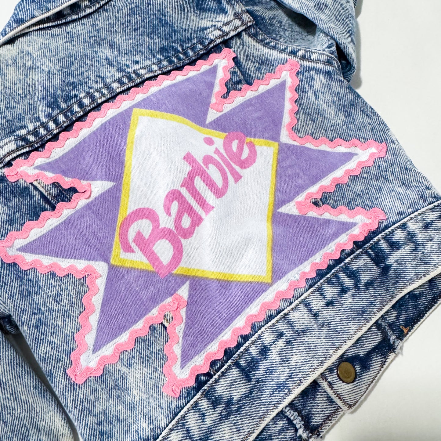 Vintage Oshkosh Upcycled Barbie Acid Wash Denim Jacket size 1-2y
