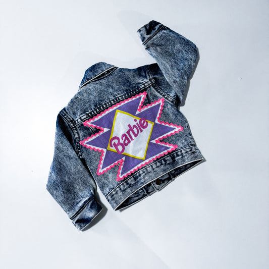 Vintage Oshkosh Upcycled Barbie Acid Wash Denim Jacket size 1-2y