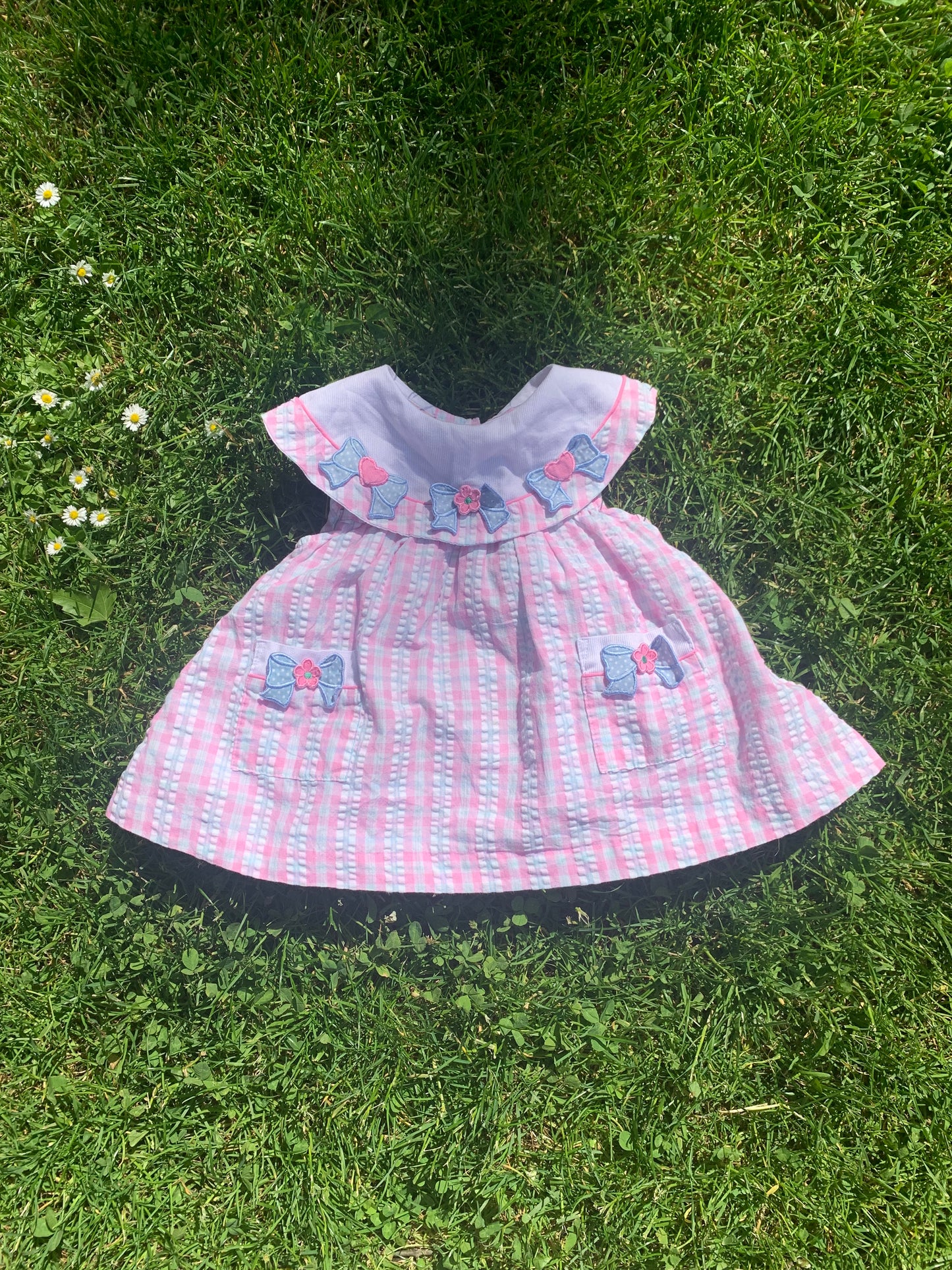 Vintage Samara Seersucker Plaid Dress with Bow Appliqués 12 months